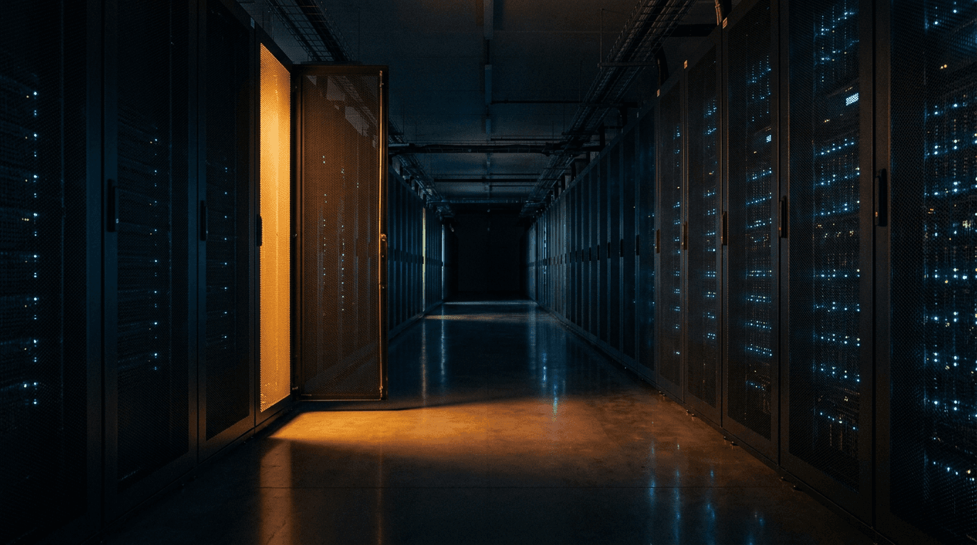 A dim server-hall corridor with one rack bay glowing warmly through its vented door